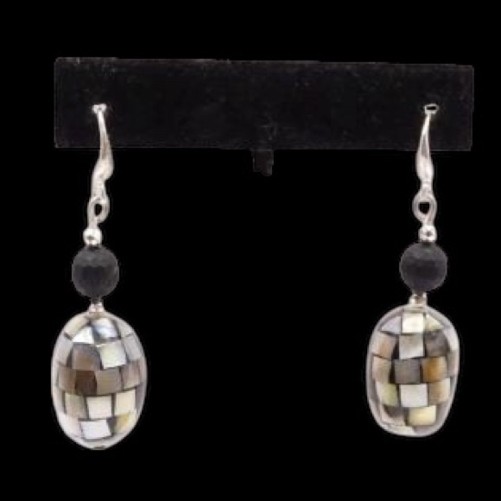 Sterling Oval Mother of Pearl Inlay Disco Ball Hook Back Earrings